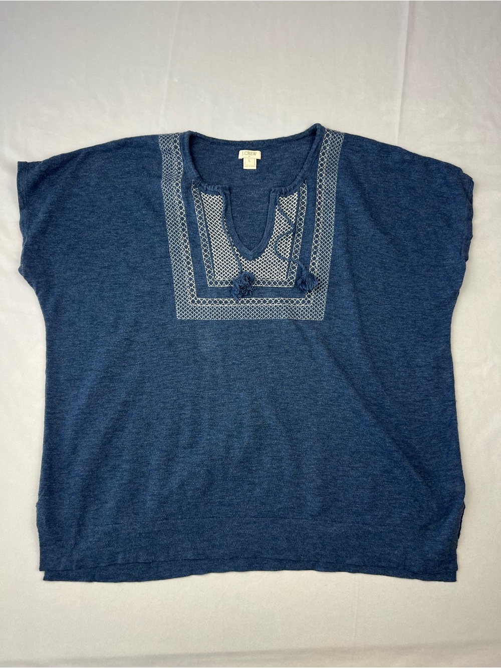 J.Crew Women's L Blue Embroidered Yoke Boho Tunic Top Tassel Split Neck Cotton